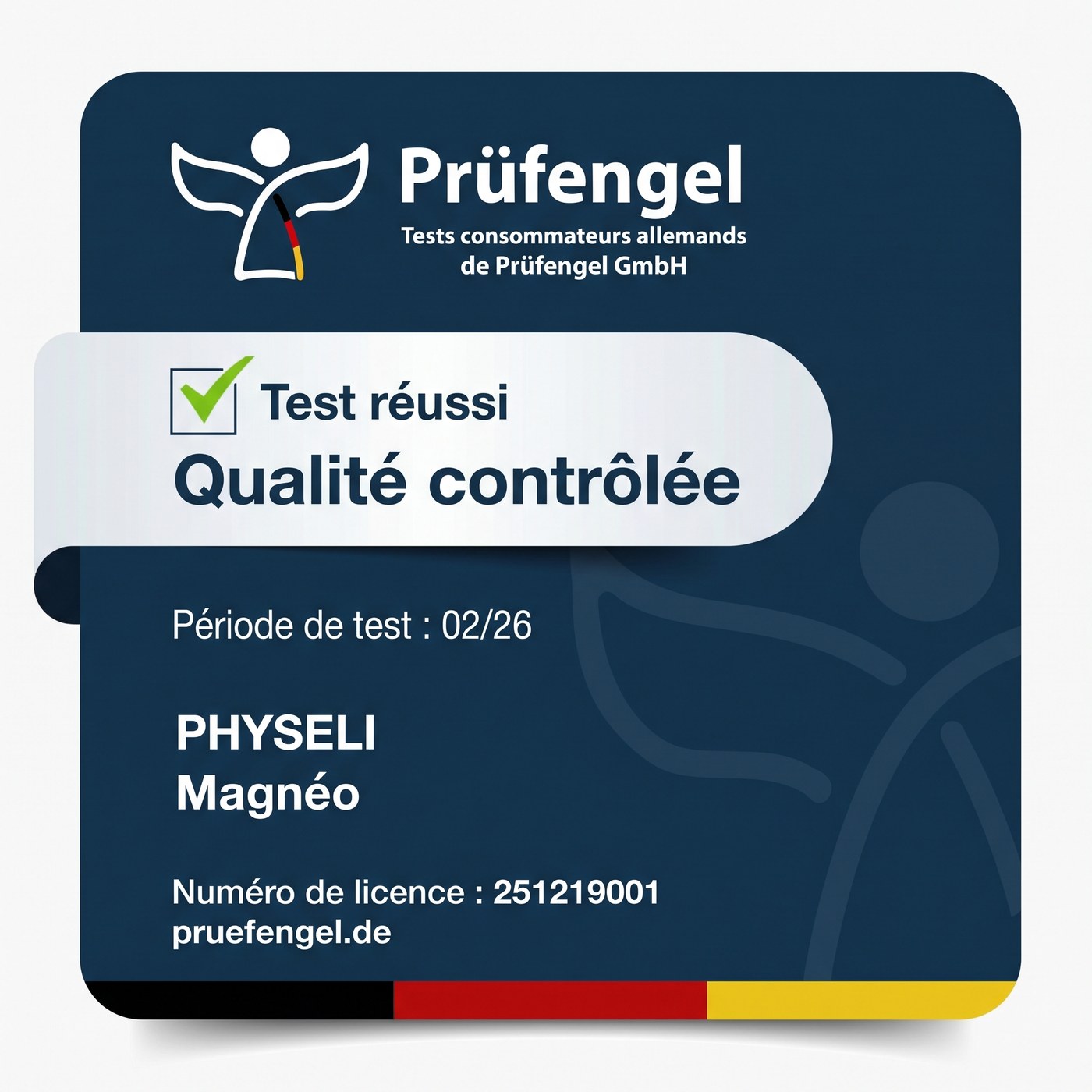 Sceau Prüfengel : test réussi, qualité contrôlée, ceinture Magnéo Physeli