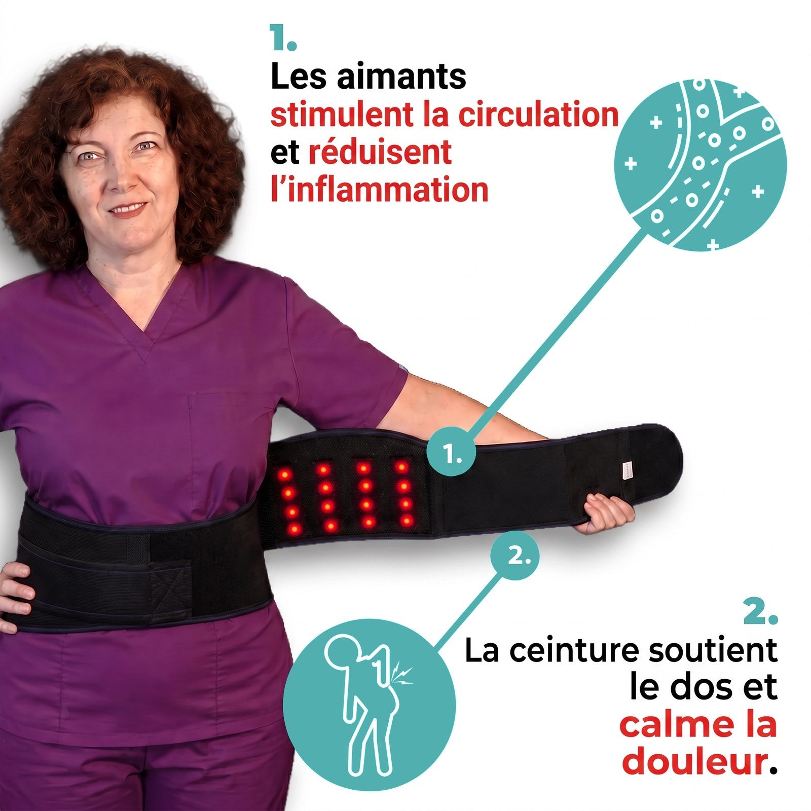 Les aimants stimulent la circulation, la ceinture soutient le dos