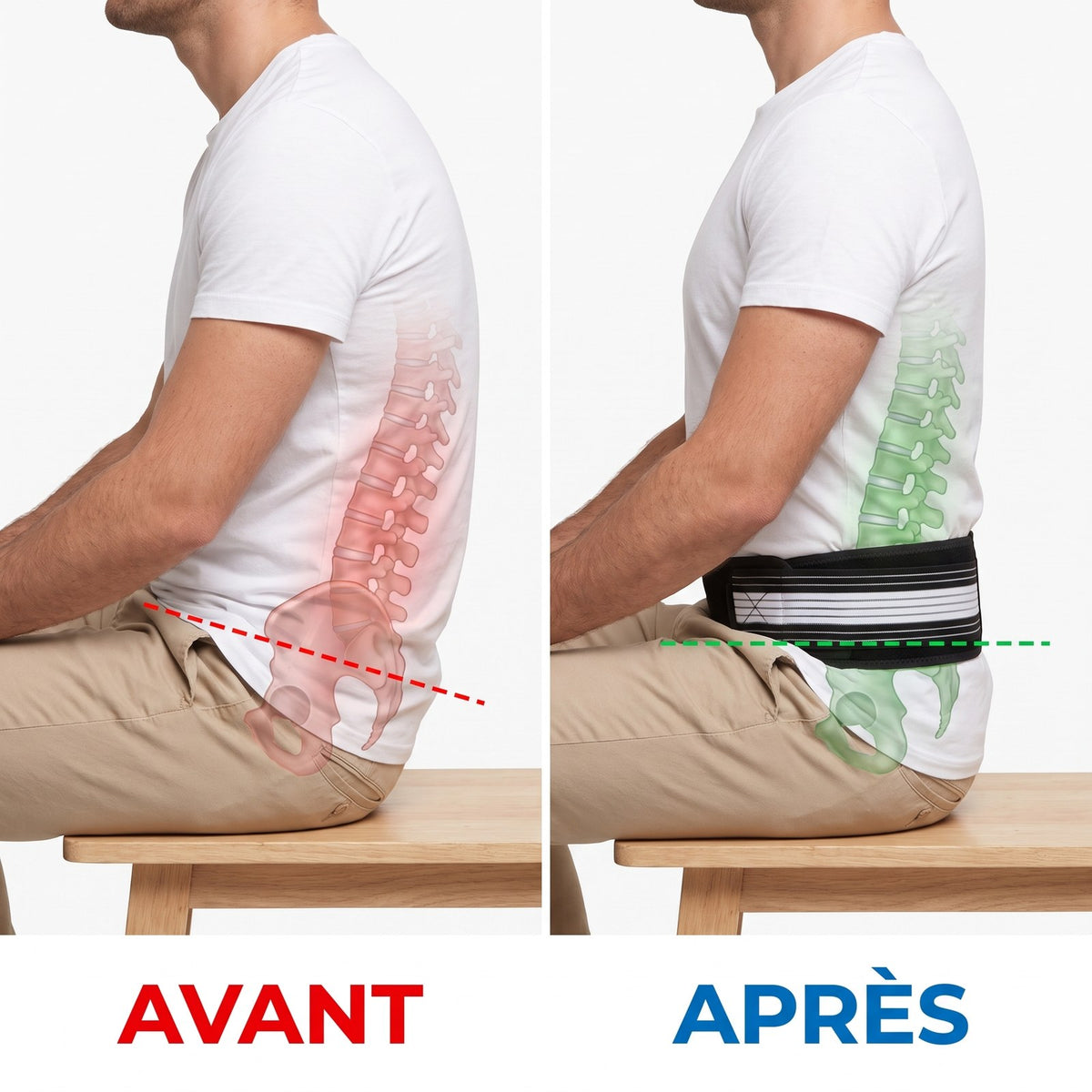 Posture assise avant et après la ceinture LombaCore