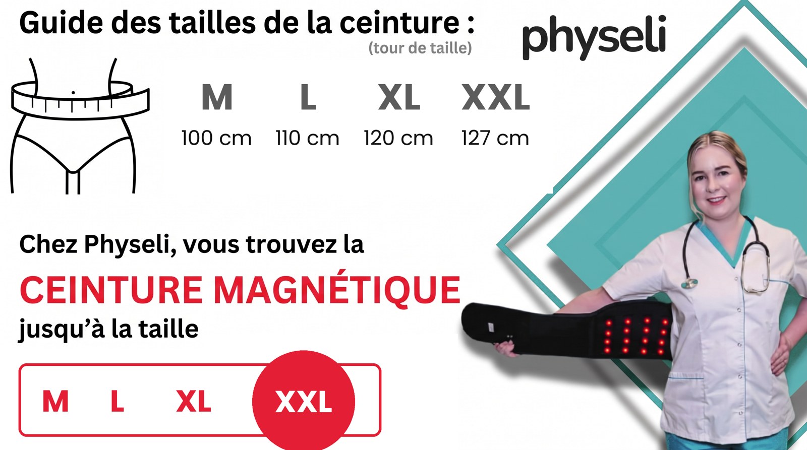 Guide des tailles de la ceinture Magnéo : M 100 cm, L 110 cm, XL 120 cm, XXL 127 cm de tour de taille
